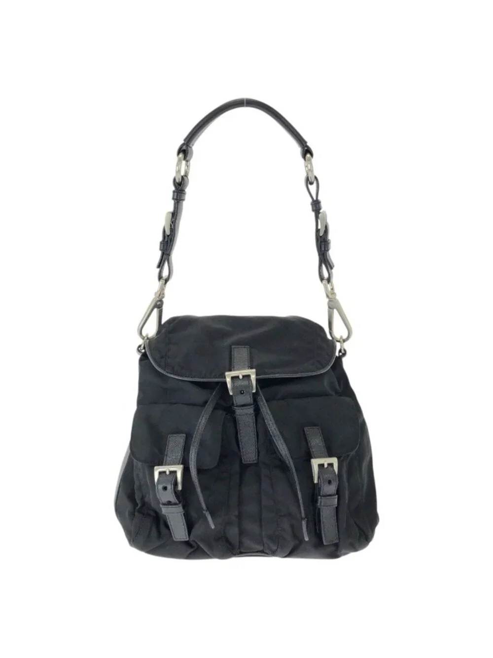 Prada Tessuto Black Silver Nylon Leather Shoulder Bag Pochette